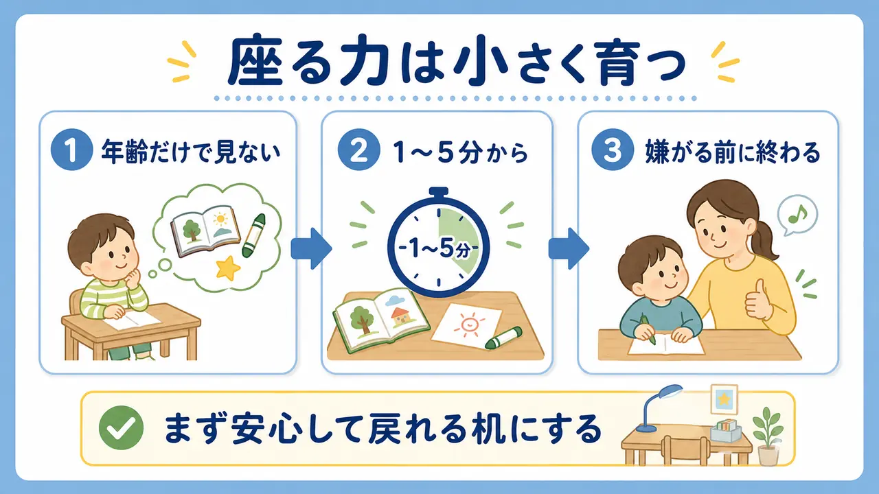 幼児が机に座る力を、年齢だけで見ない、1分から5分で始める、嫌がる前に終わるという流れで示した図