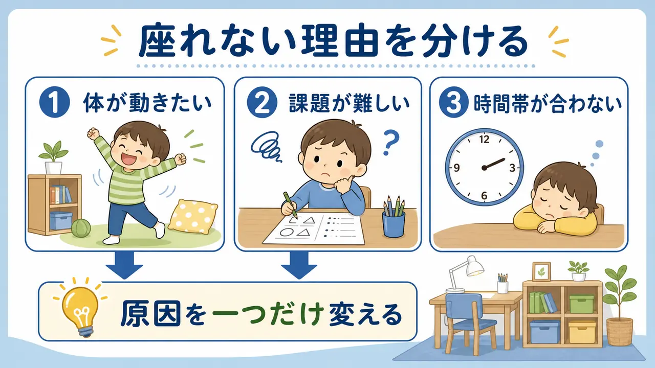 幼児が机に座れない理由を、体が動きたい、課題が難しい、時間帯が合わないに分けて考える図