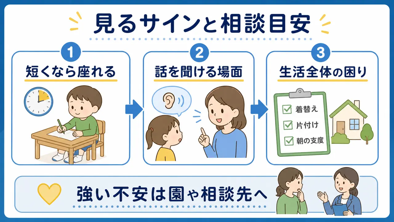 入学前に、短くなら座れる、話を聞ける場面、生活全体の困りを確認する図