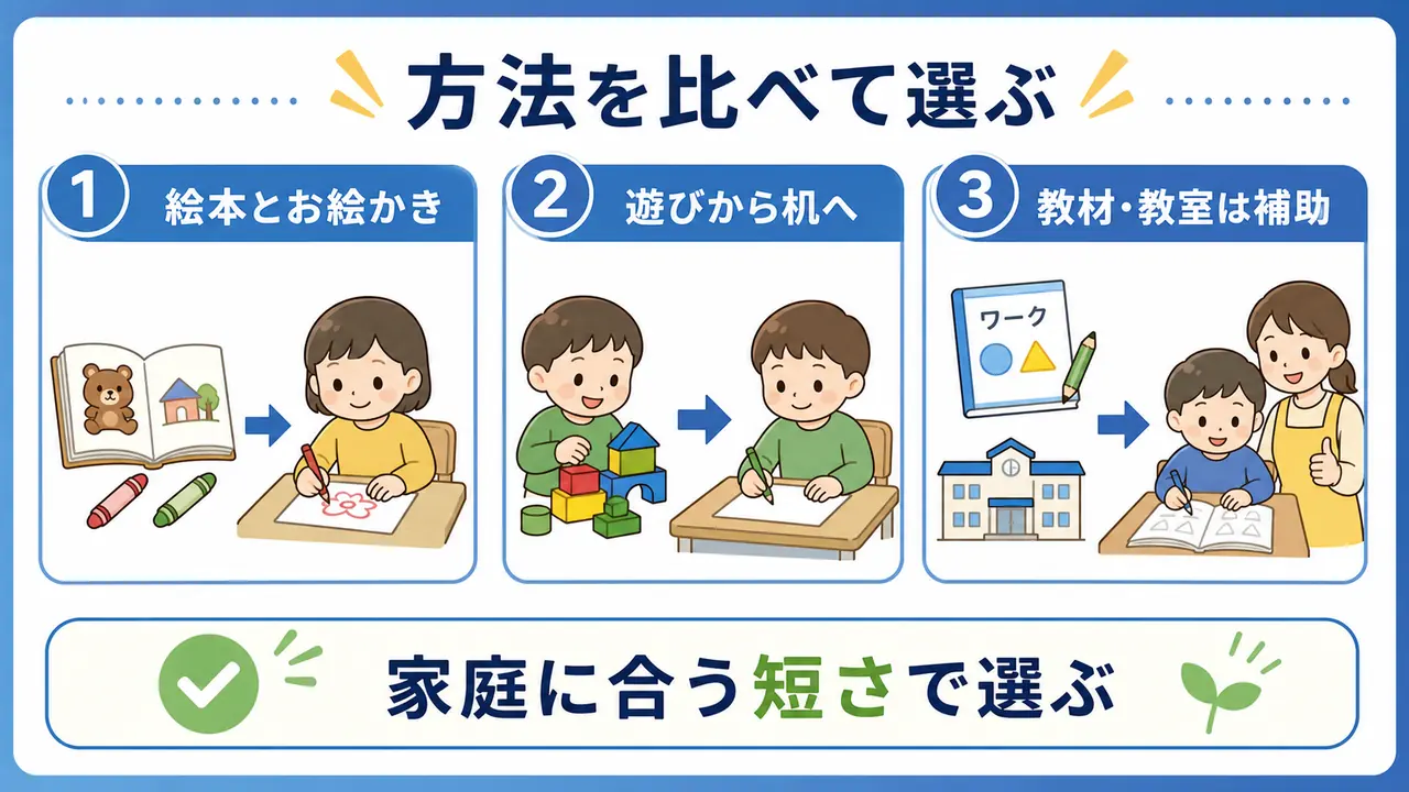 絵本、お絵かき、遊び、教材、教室など机に座る入口を比べて選ぶ図
