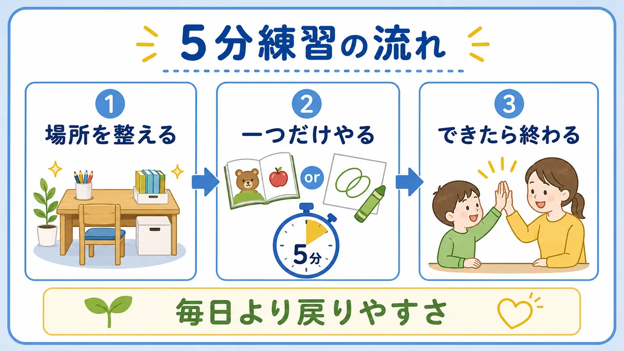 机に座る家庭練習を、場所を整える、一つだけやる、できたら終わる流れで示した図