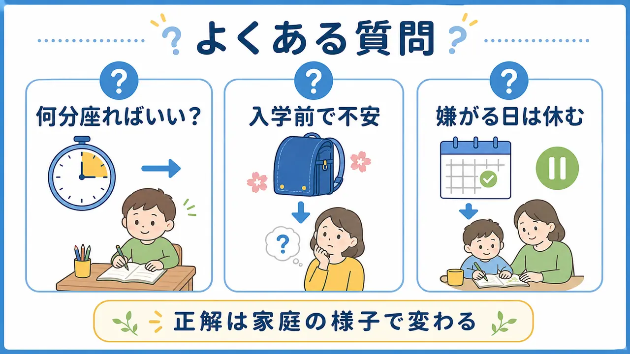 机に座れない幼児について、何分座ればよいか、入学前の不安、嫌がる日の対応を整理した図