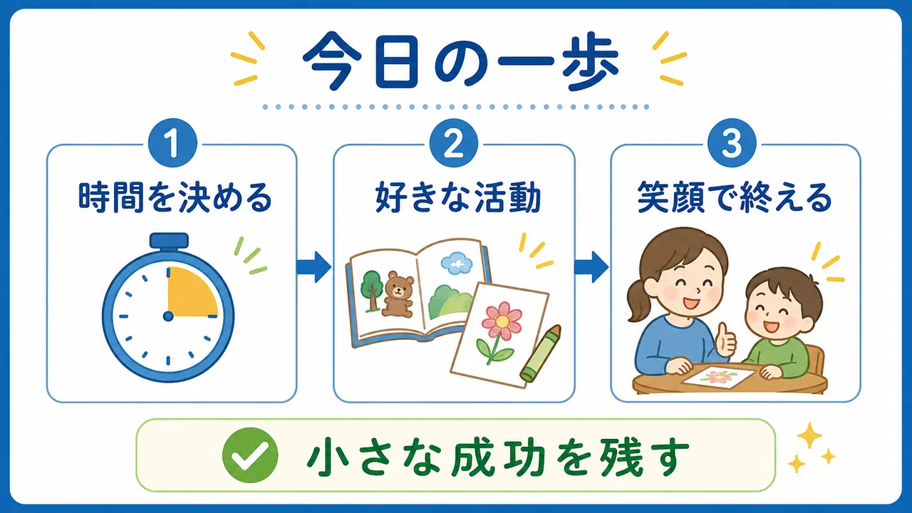 机に座る練習を今日から始めるために、時間を決める、好きな活動を選ぶ、笑顔で終えるという三つの一歩を示した図