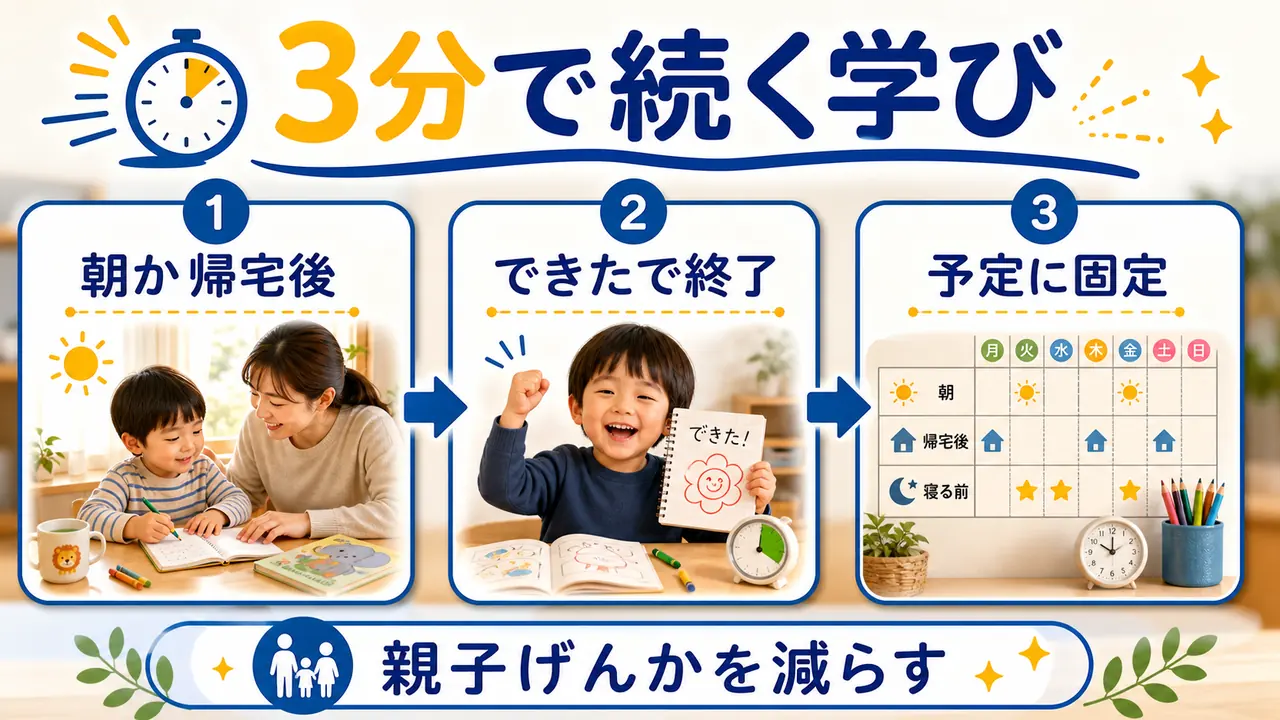 幼児の家庭学習を朝か帰宅後に3分だけ置き、できたら終える流れを示した図