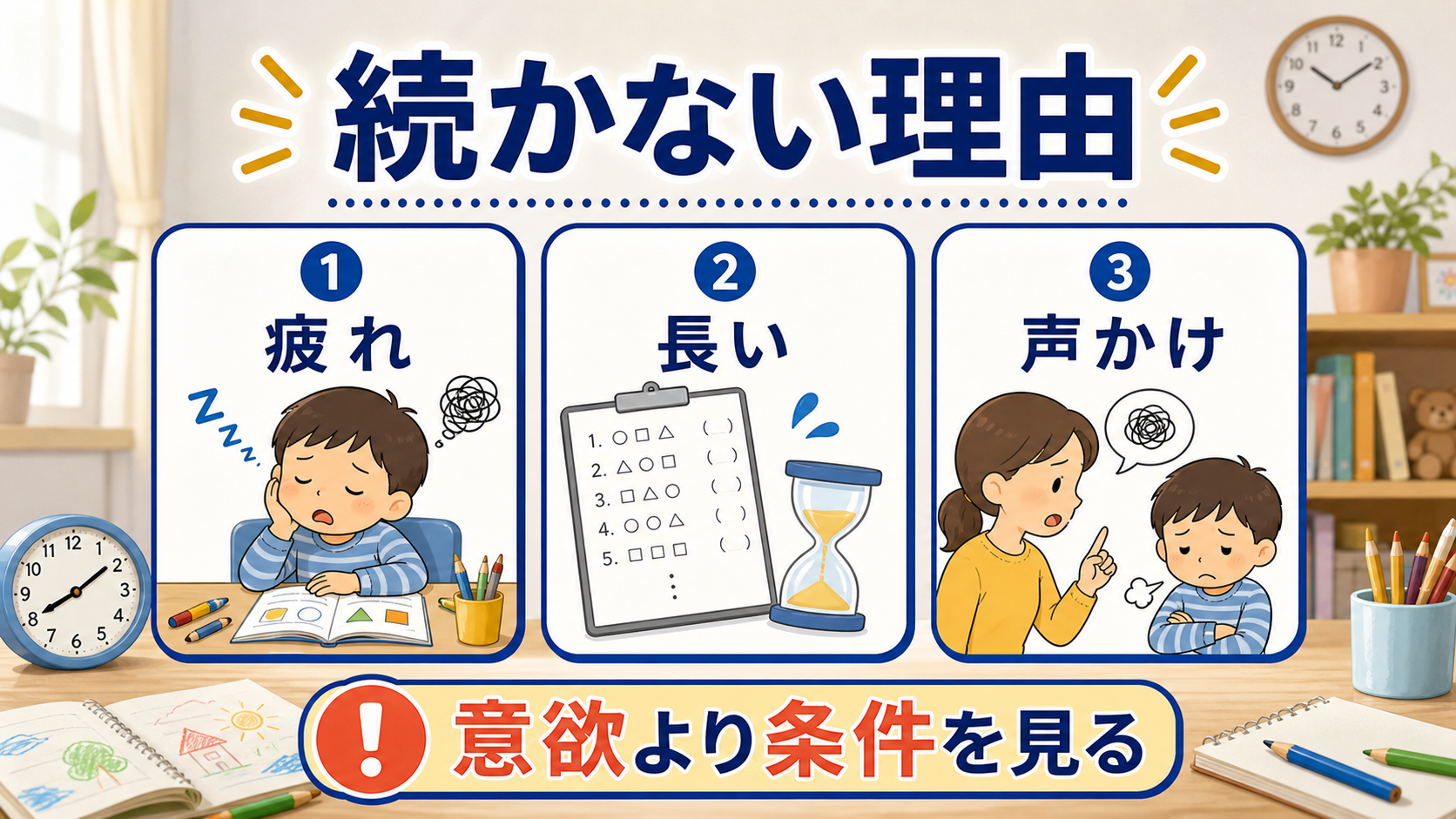 幼児の家庭学習が続かない理由を疲れ、長さ、声かけに分ける図