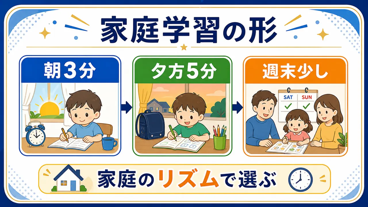 幼児の家庭学習を朝3分、夕方5分、週末少しで比較する図