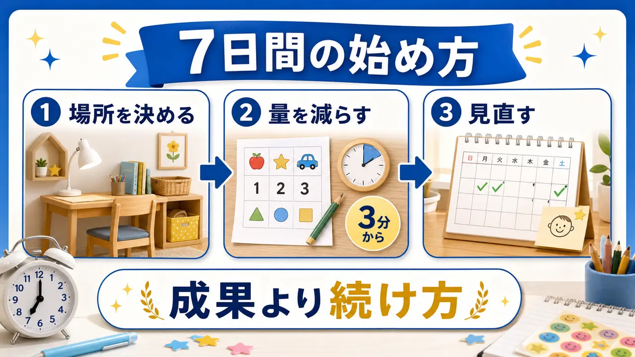 幼児の家庭学習を7日間で場所、量、見直しの順に整える図