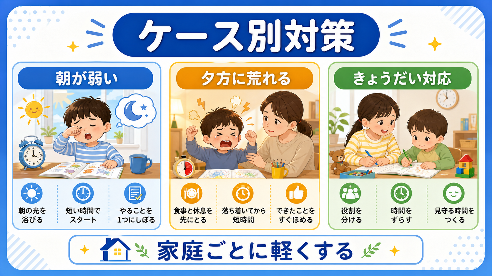朝が弱い家庭、夕方に荒れる子、きょうだいがいる家庭の対策を分ける図