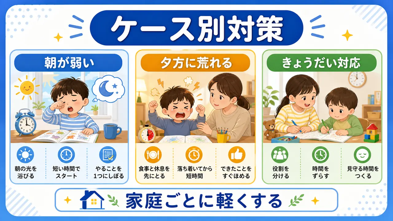朝が弱い家庭、夕方に荒れる子、きょうだいがいる家庭の対策を分ける図