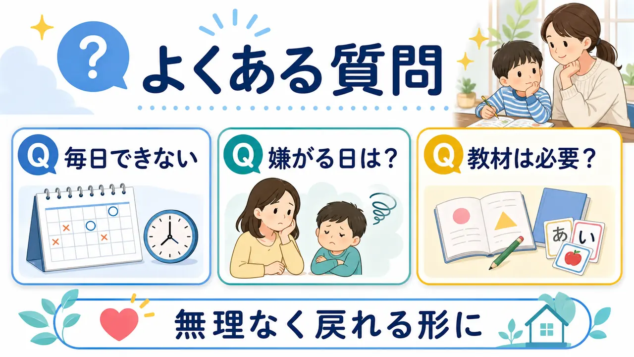 幼児の家庭学習で毎日できない、嫌がる日、教材の必要性を確認するFAQ図
