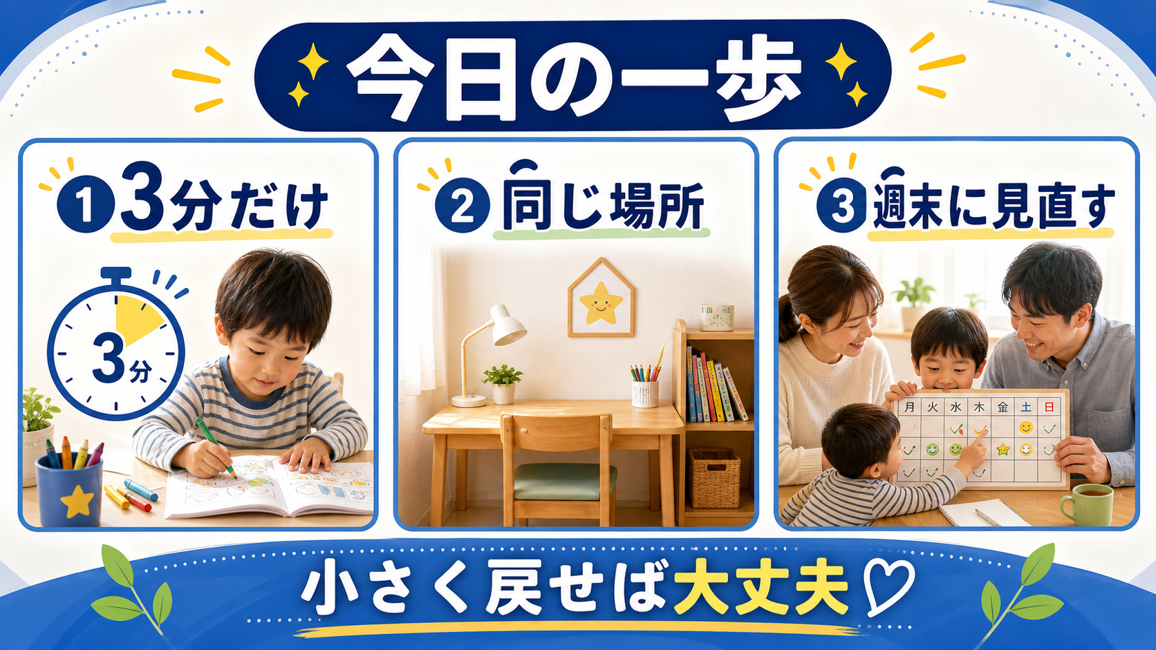 幼児の家庭学習を3分、同じ場所、週末見直しで小さく戻すまとめ図