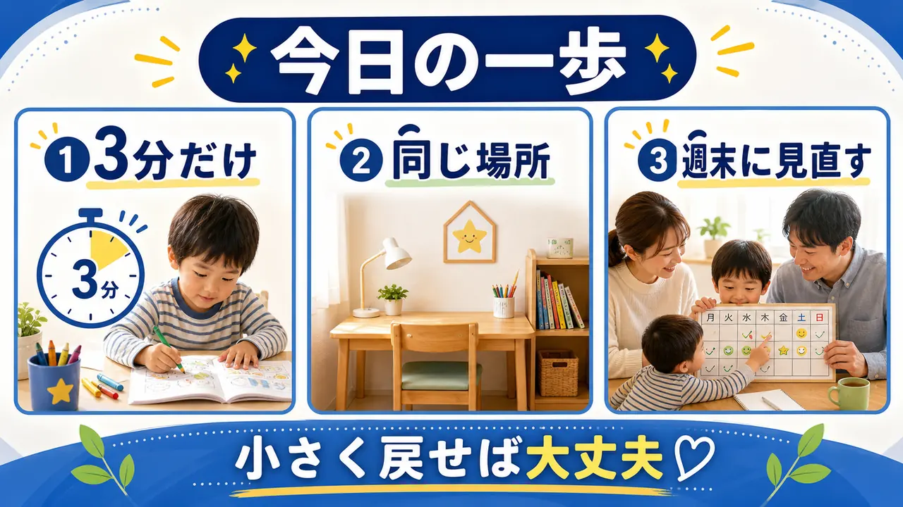 幼児の家庭学習を3分、同じ場所、週末見直しで小さく戻すまとめ図