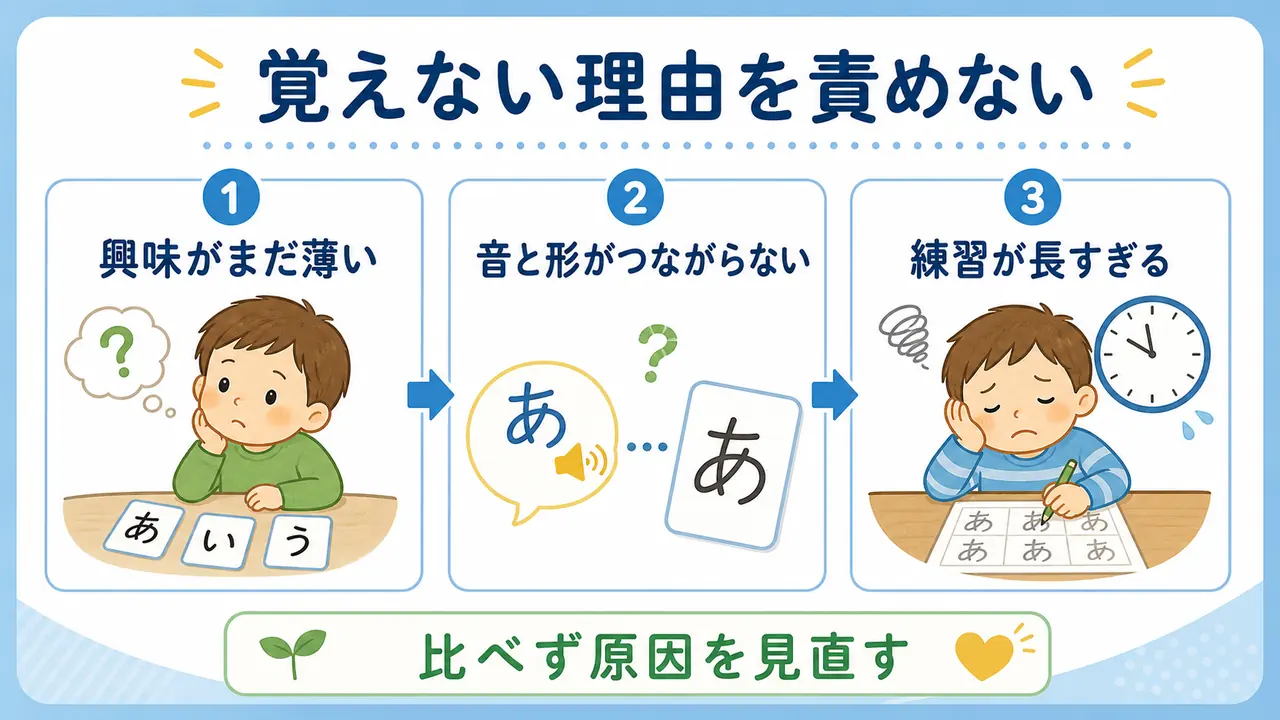 ひらがなを覚えない理由として、興味、音と形、練習時間を見直す図