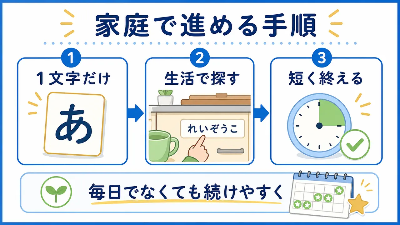家庭でひらがなに親しむために、1文字、生活、短時間の流れを示した図