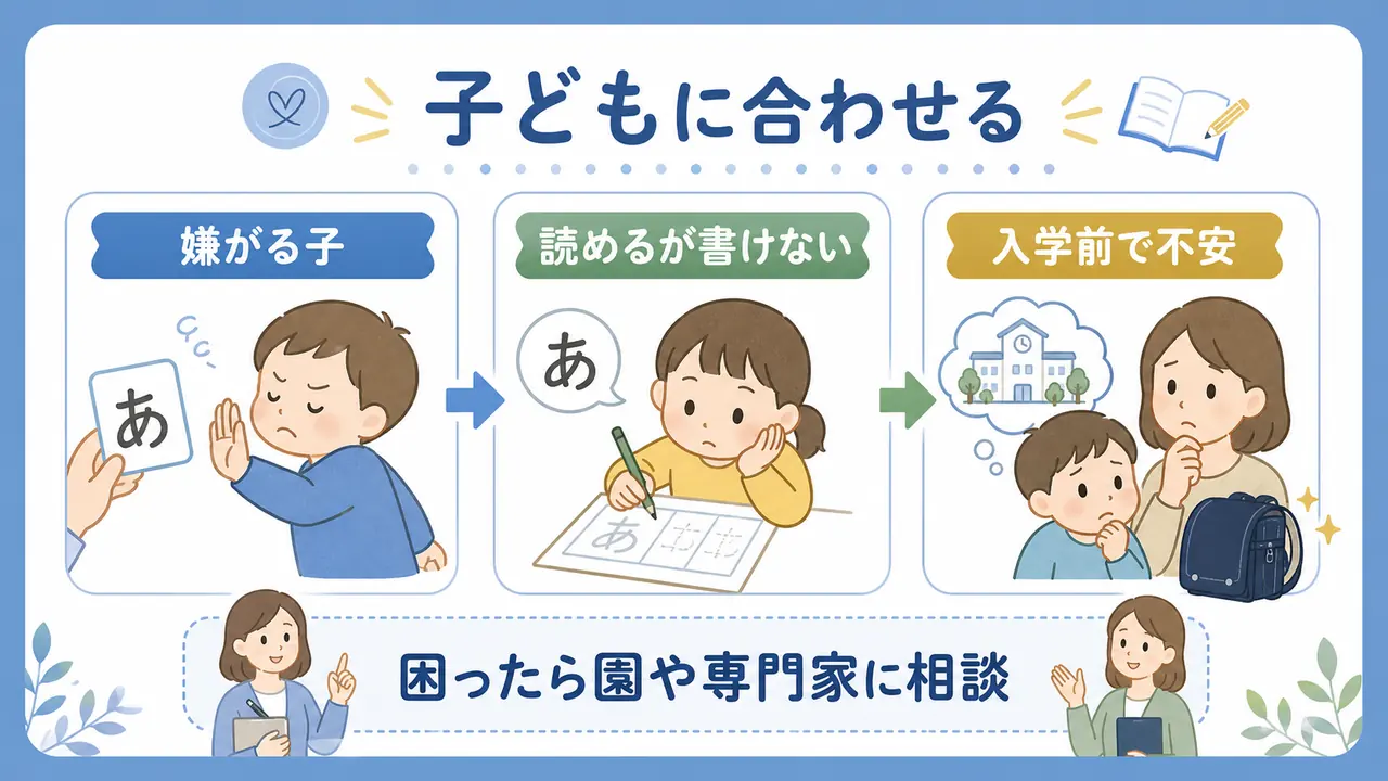 嫌がる子、読めるが書けない子、入学前で不安な家庭への関わり方を示した図