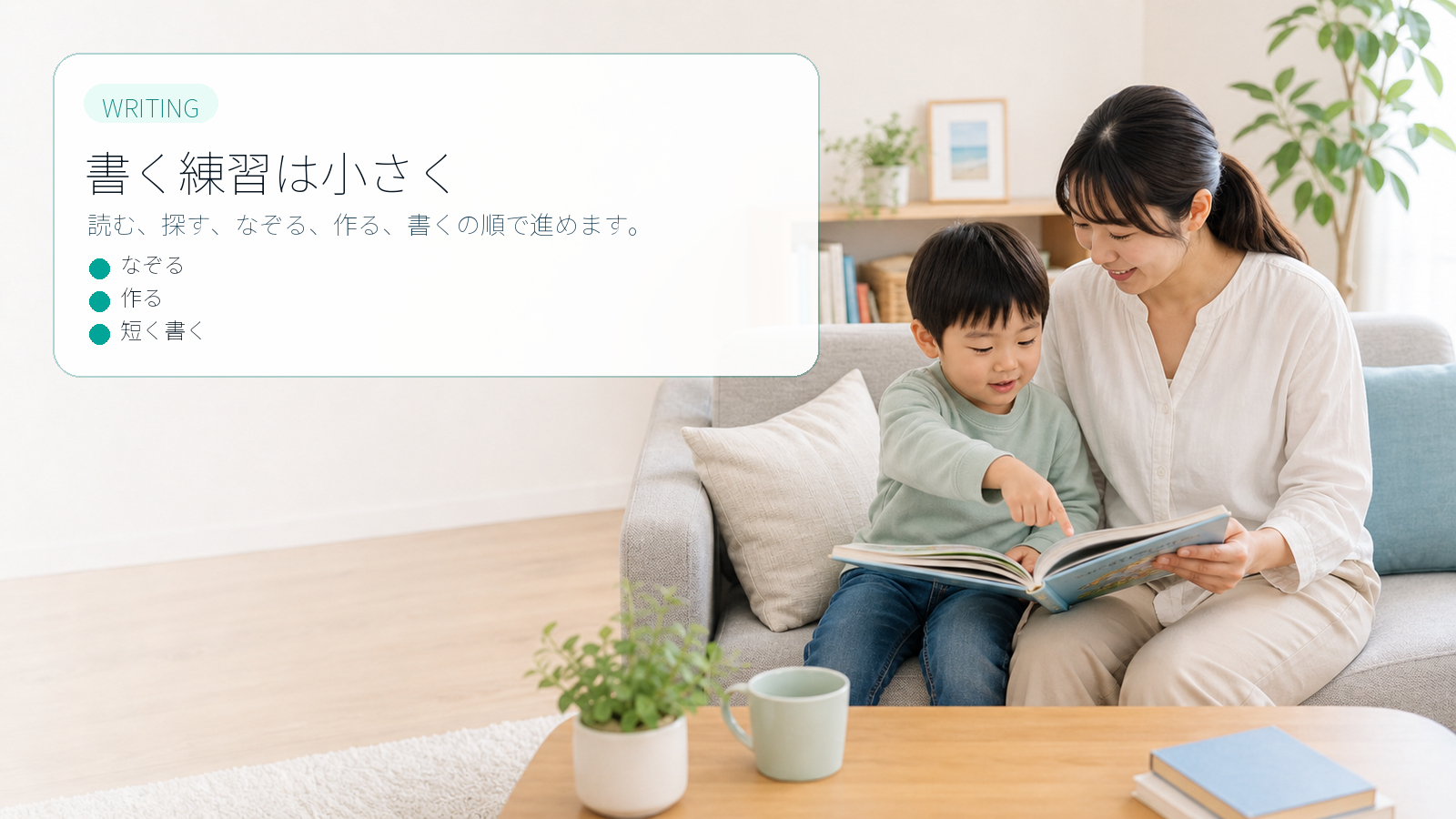 ひらがなの書く練習を読む、なぞる、作る、書くの順に進める要約画像