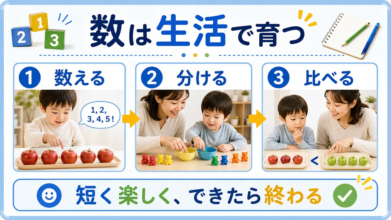 数の感覚を育てるために、数える、分ける、比べる経験を生活の中で増やす図