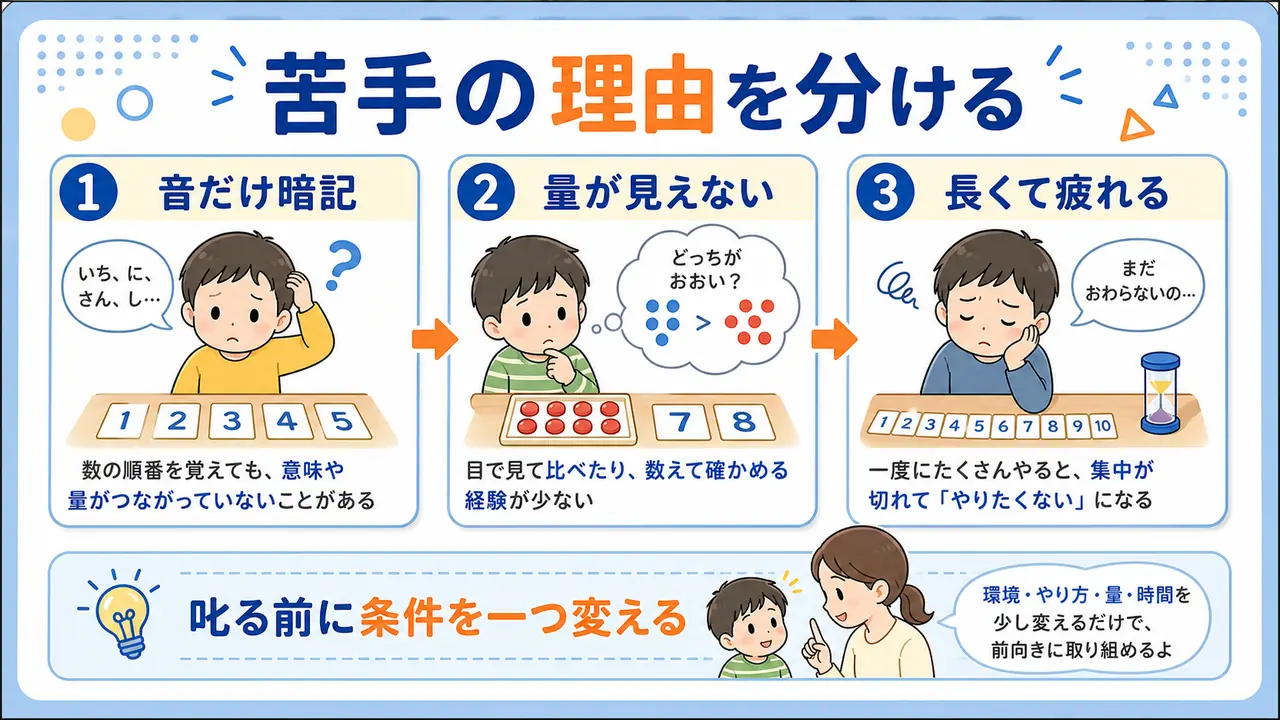 数字が苦手に見える理由として、音だけの暗記、量が見えない、練習が長すぎることを分けて示した図