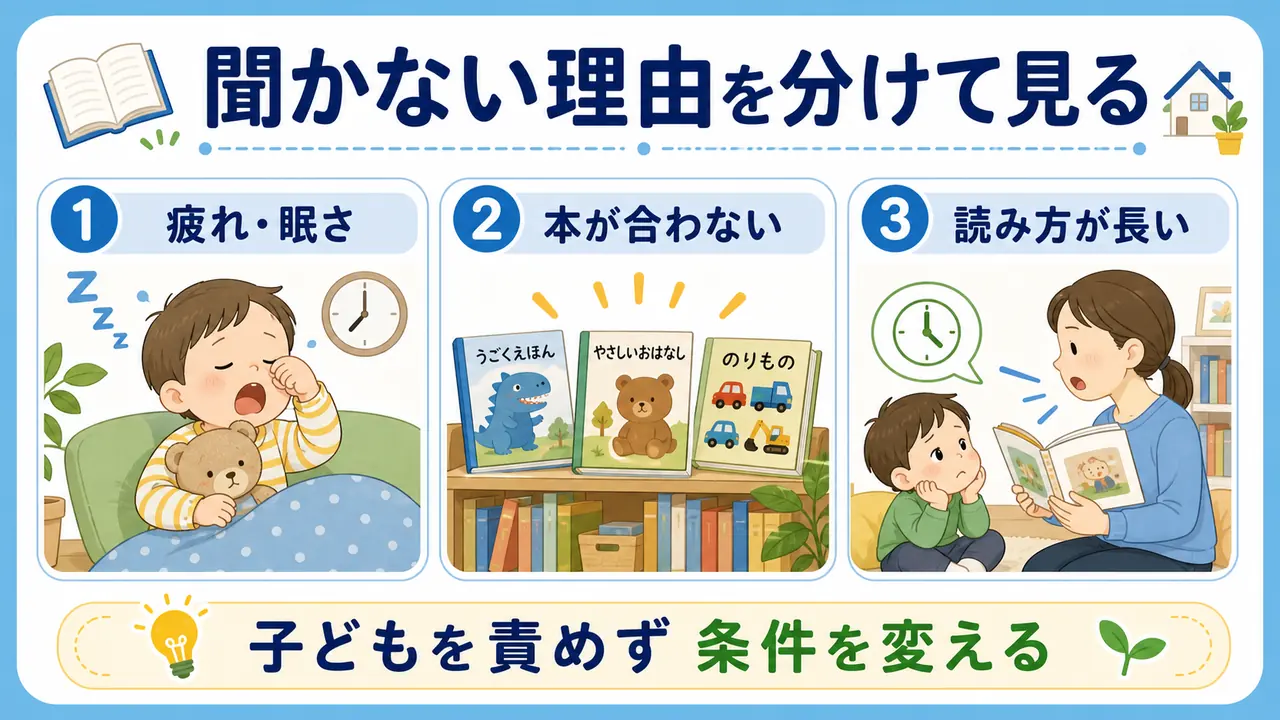 絵本を聞かない理由として、眠さ、本の難しさ、読み聞かせの長さを分けて見直す図