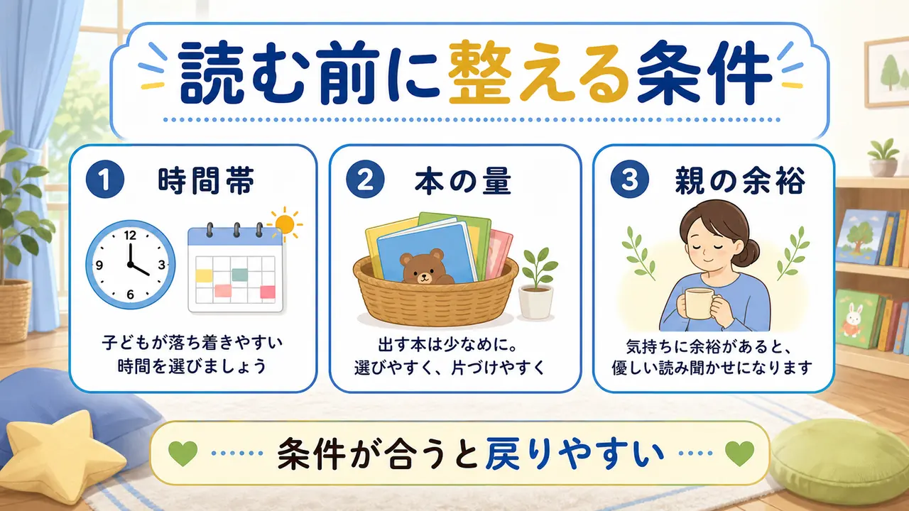 読み聞かせ前に、時間帯、本の量、保護者の余裕を確認する図