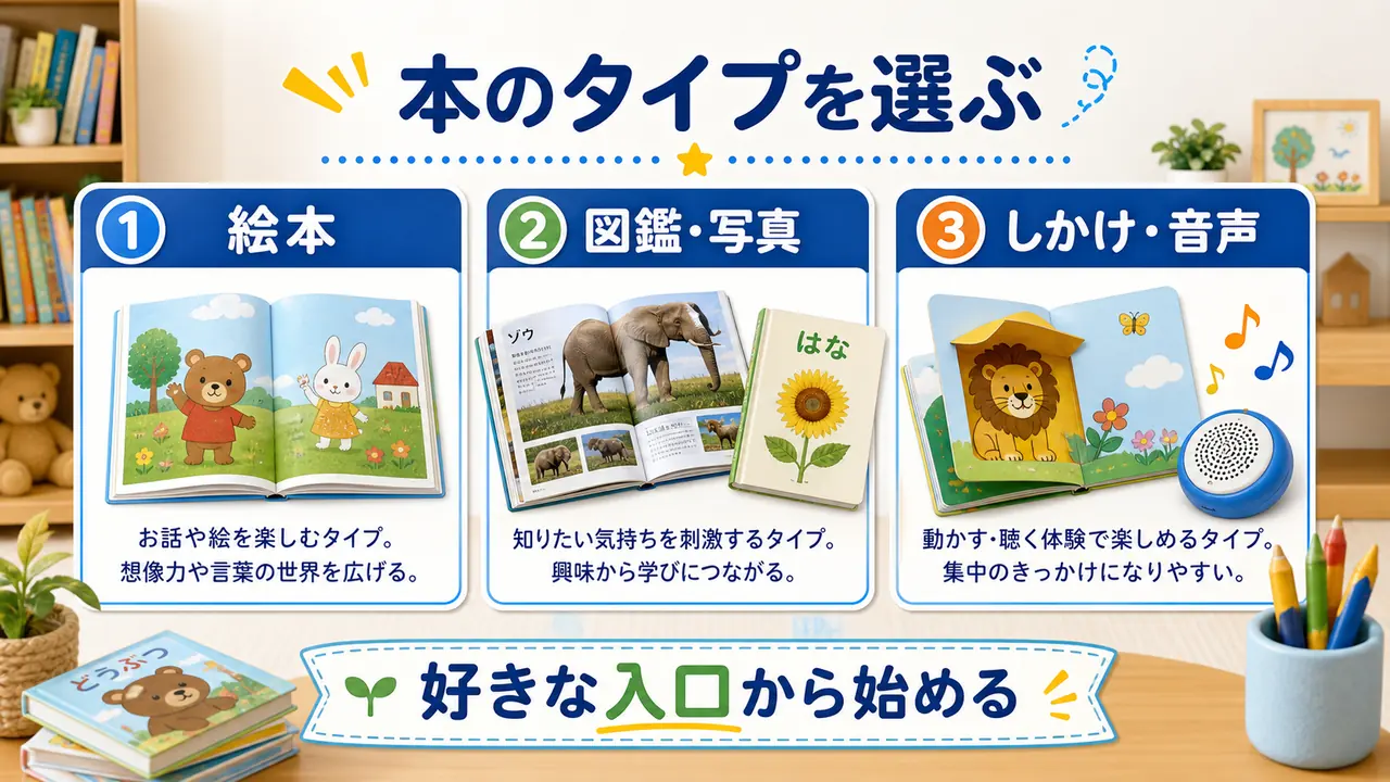 絵本、図鑑、しかけ本、音声つきの本を子どもの興味に合わせて選ぶ図