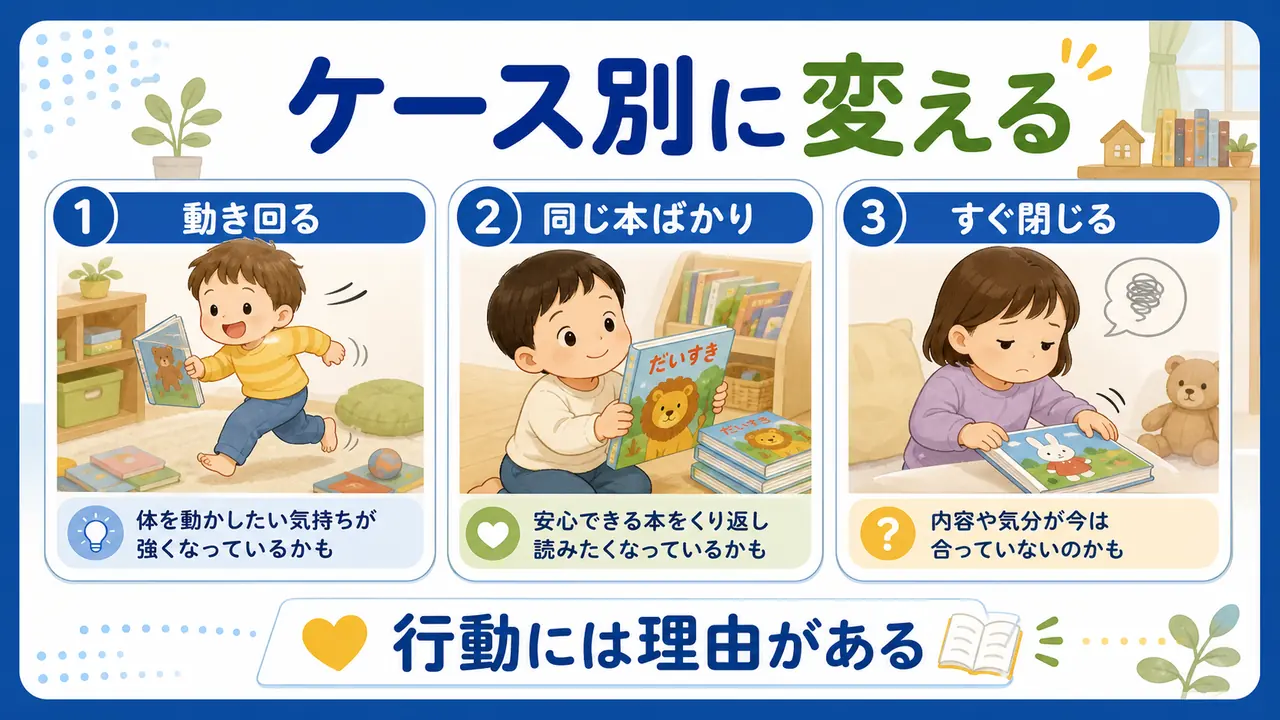 動き回る、同じ本ばかり選ぶ、すぐ閉じる幼児に合わせた読み聞かせの調整方法を示した図