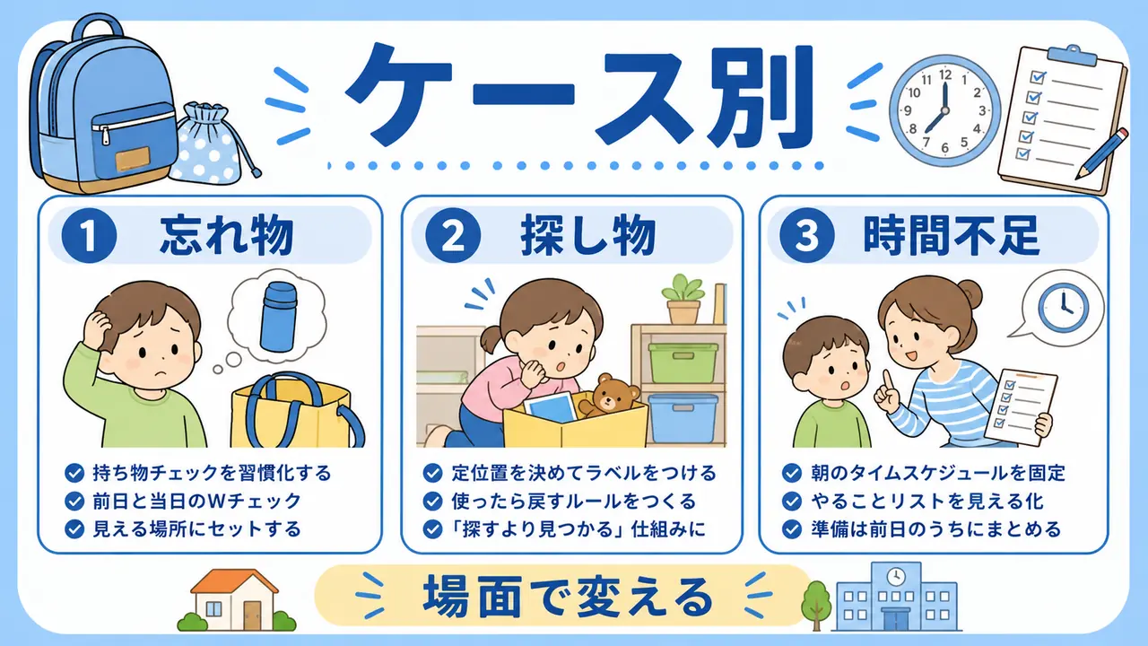 忘れ物、探し物、気分、時間不足のケース別支援図