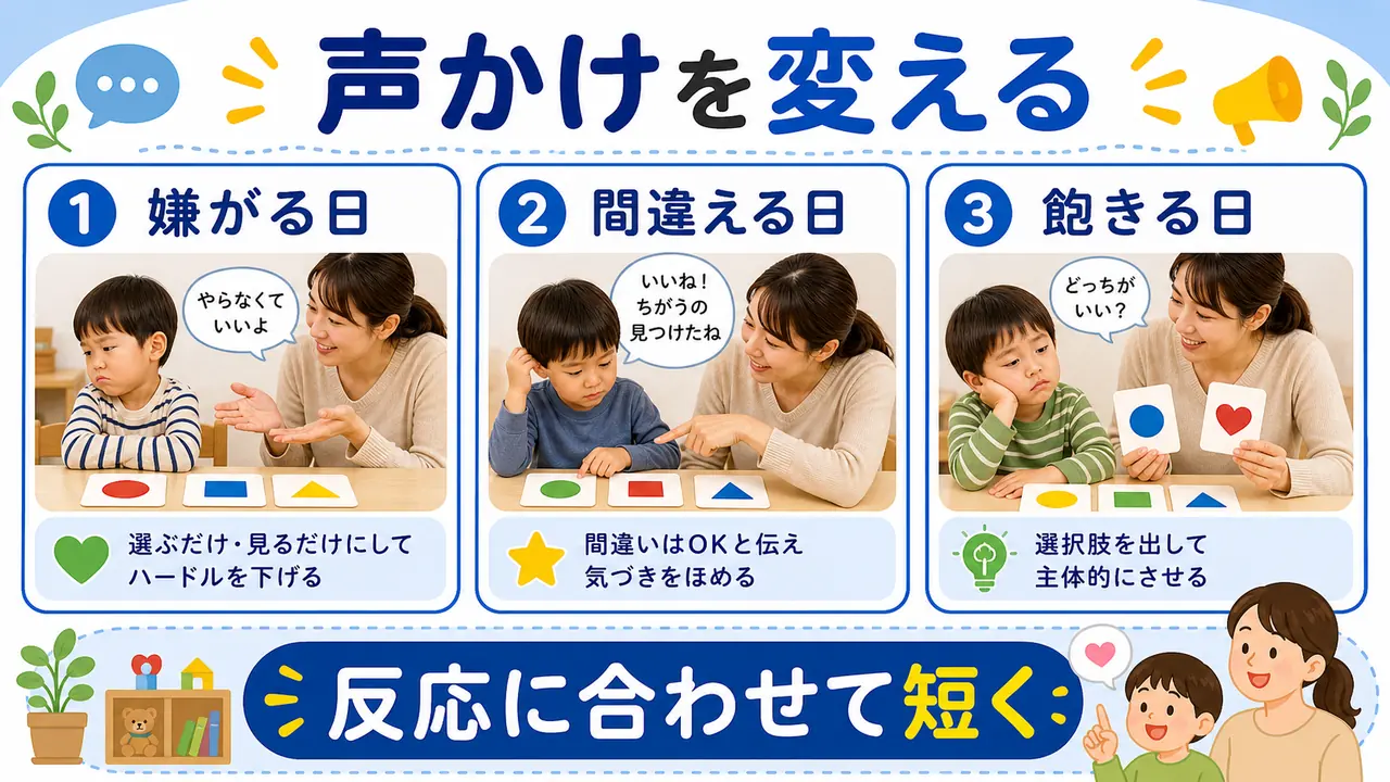嫌がる、間違える、すぐ飽きる場合の声かけを分ける図