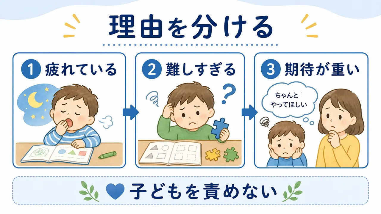 通信教育が続かない理由を、疲れ、難しさ、期待の重さに分けて考える図