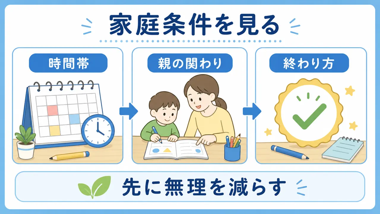 通信教育を見直す前に、時間帯、親の関わり、終わり方を確認する図