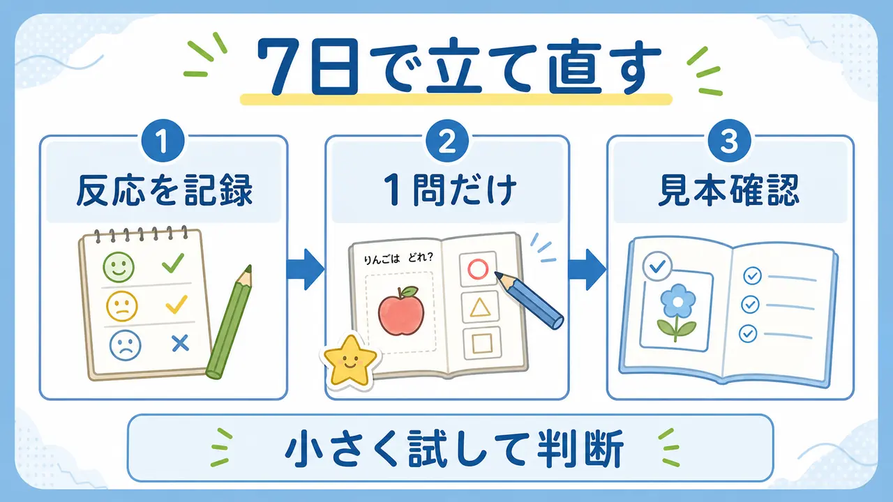 通信教育を7日間で立て直すため、反応を記録し、1問だけ試し、見本を確認する流れを示した図