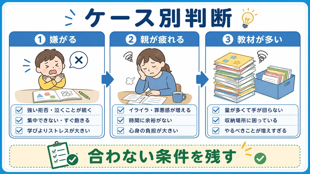 通信教育が続かないケースを、嫌がる、親が疲れる、教材が多いに分けて判断する図