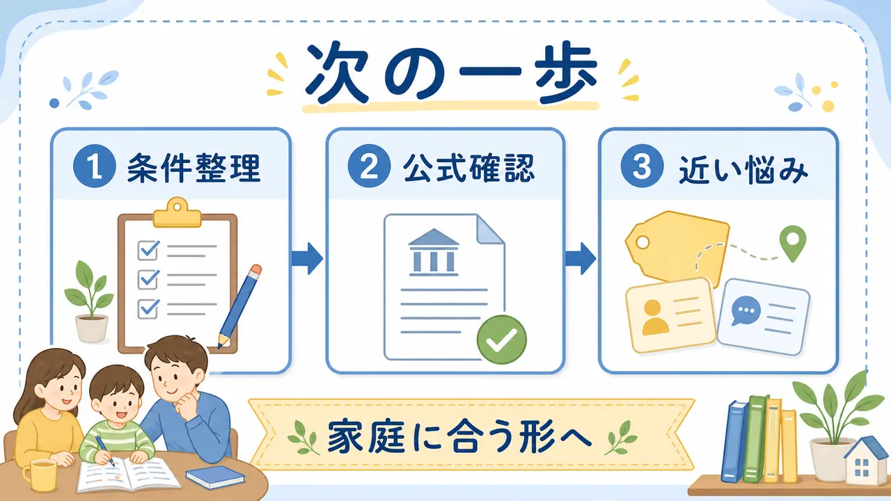 幼児の通信教育を家庭に合う形へ進めるため、条件整理、公式確認、近い悩みを読む流れを示した図