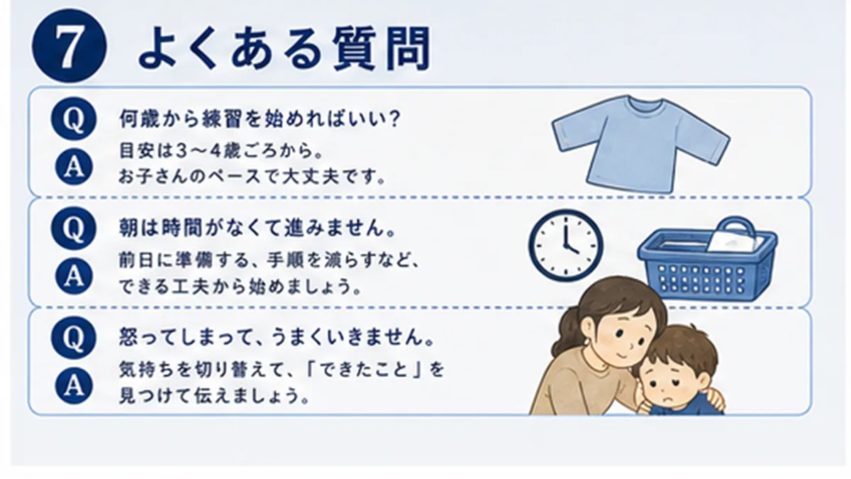 幼児の着替え練習でよくある質問を整理する図