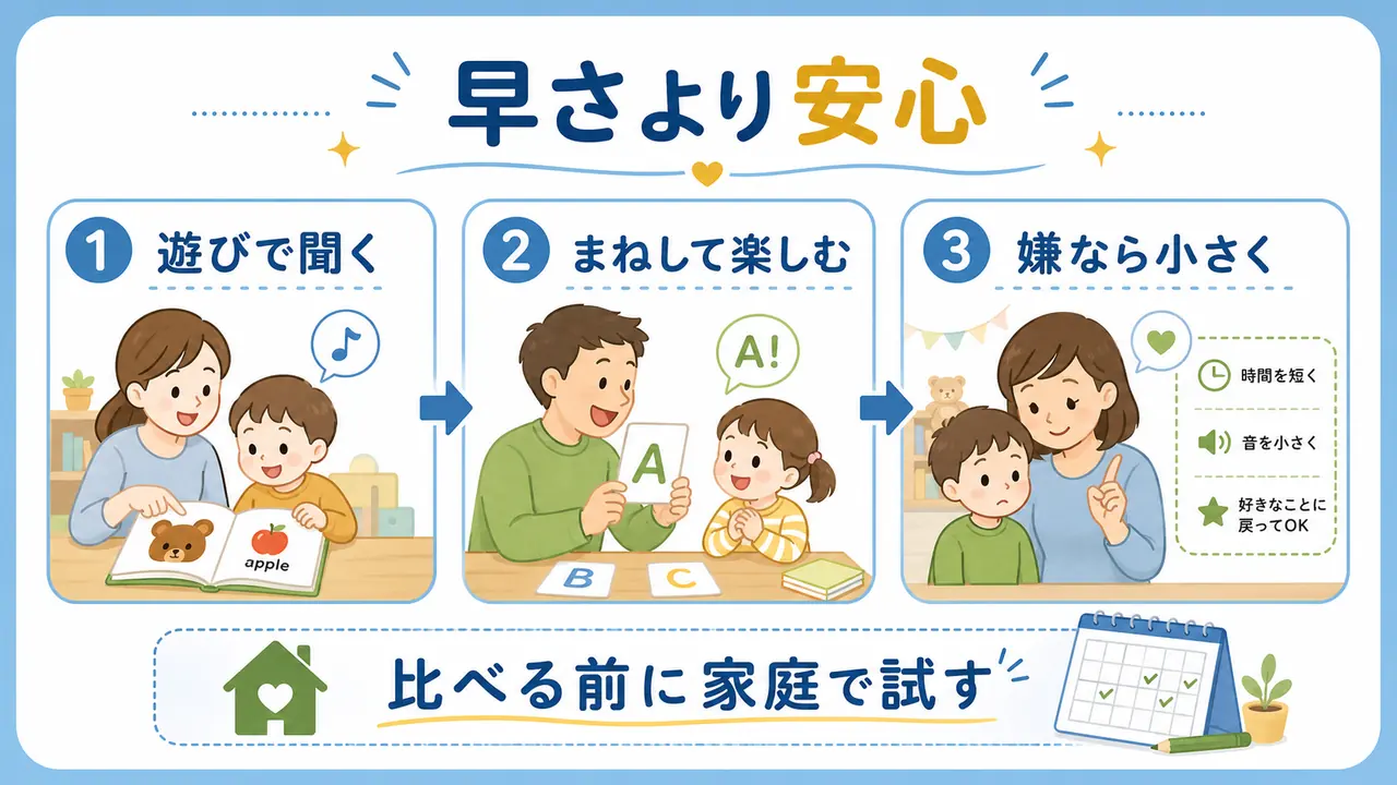 幼児英語は早さより安心を優先し、聞く、まねる、嫌なら小さくする流れを示した図