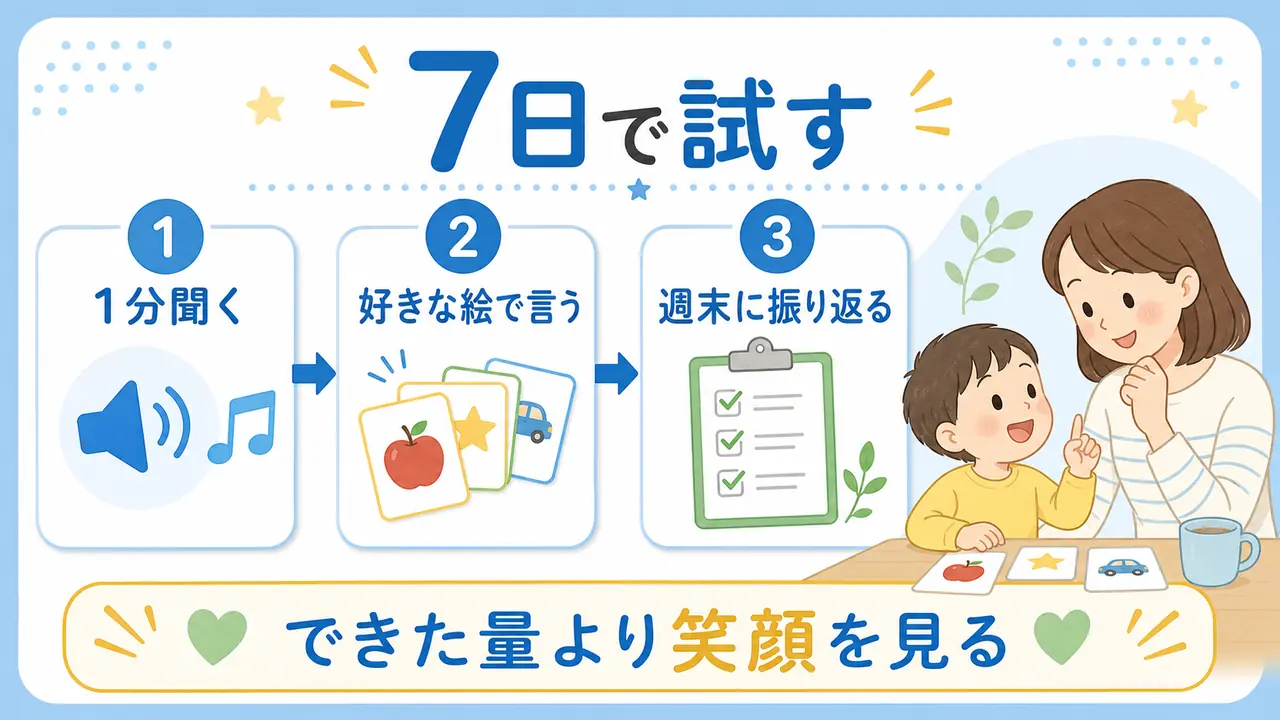 幼児英語を7日間で、1分聞く、好きな絵で言う、週末に振り返る流れで試す図