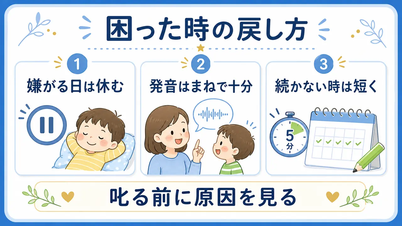 幼児英語で嫌がる日、発音が気になる時、続かない時の戻し方を示した図