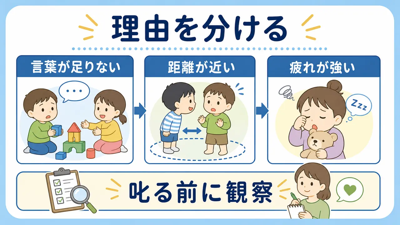 幼児が友達遊びで困る理由を言葉、距離感、疲れに分けて整理する要約画像