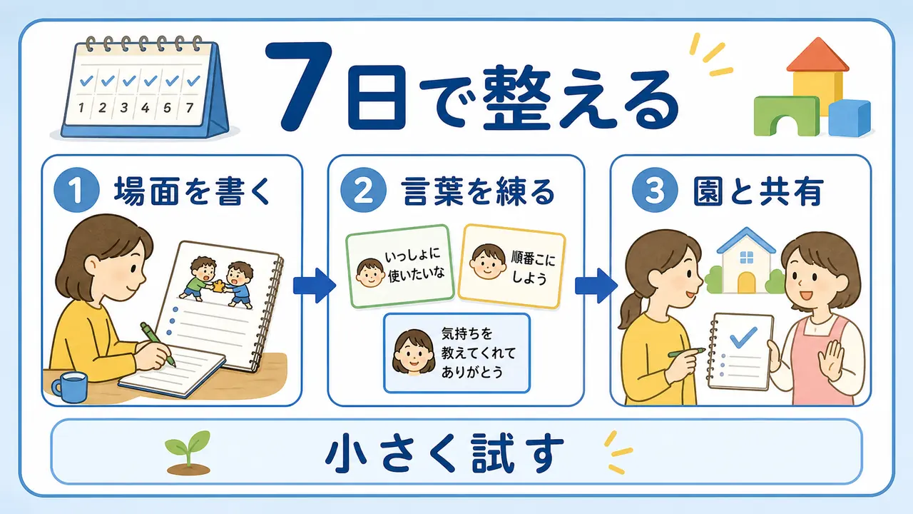 幼児の友達遊びを7日間で観察し、声かけを決め、園と共有する手順の要約画像