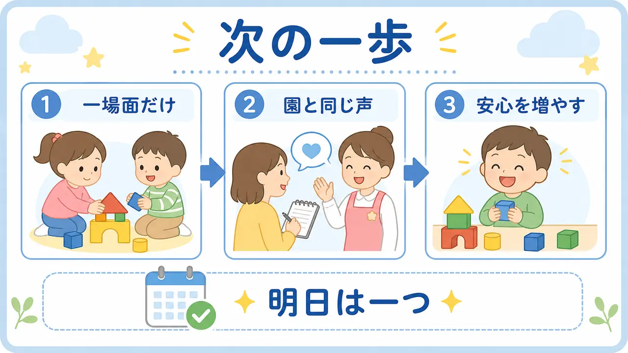 幼児の友達遊びを一場面ずつ支え、園と同じ声かけで安心を増やす要約画像