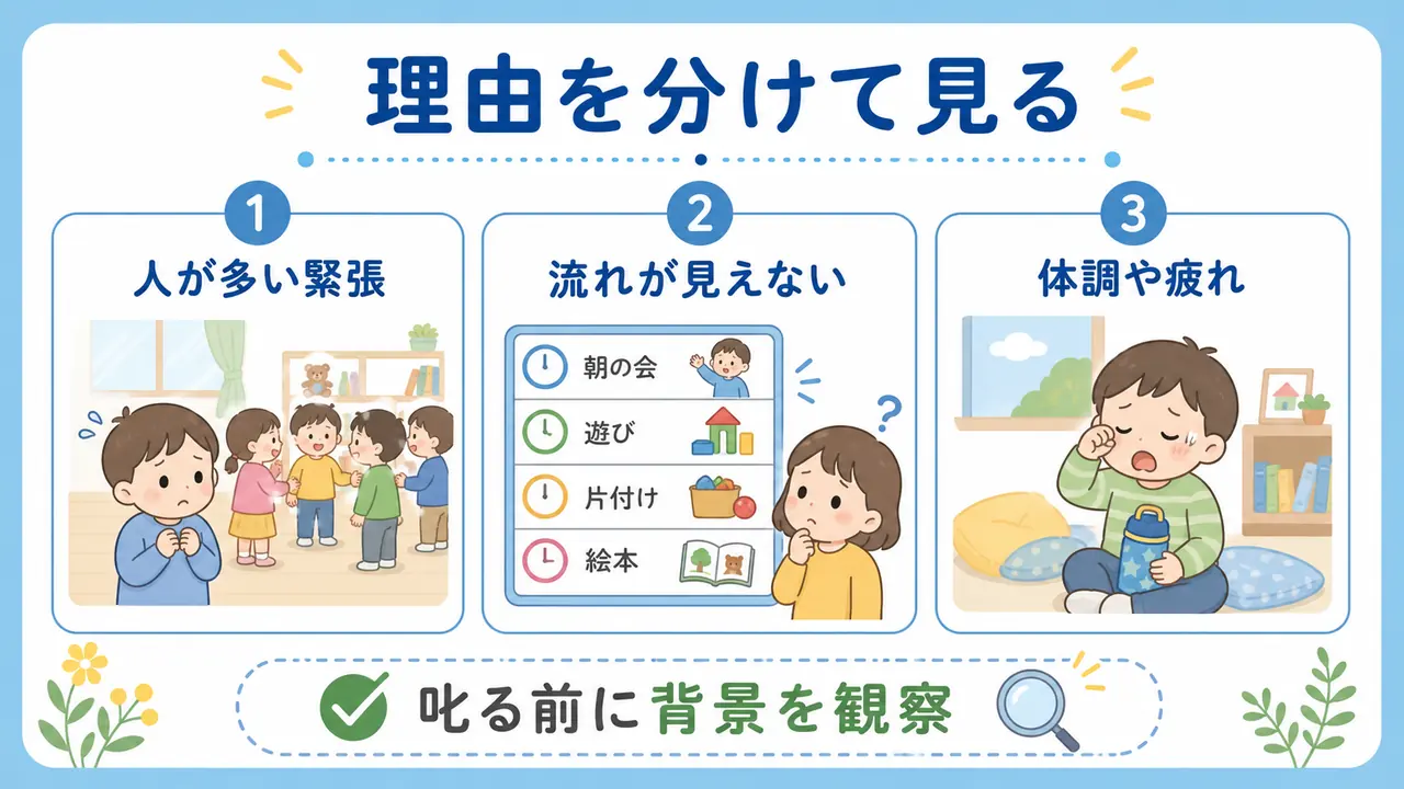 人が多い緊張、流れが見えない不安、体調や疲れに分けて幼児の集団活動の背景を見る図