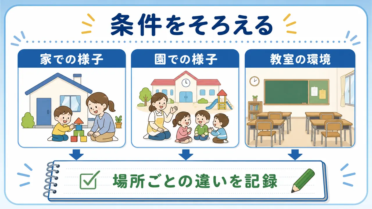 家での様子、園での様子、教室の環境を分けて記録する幼児教育の確認図