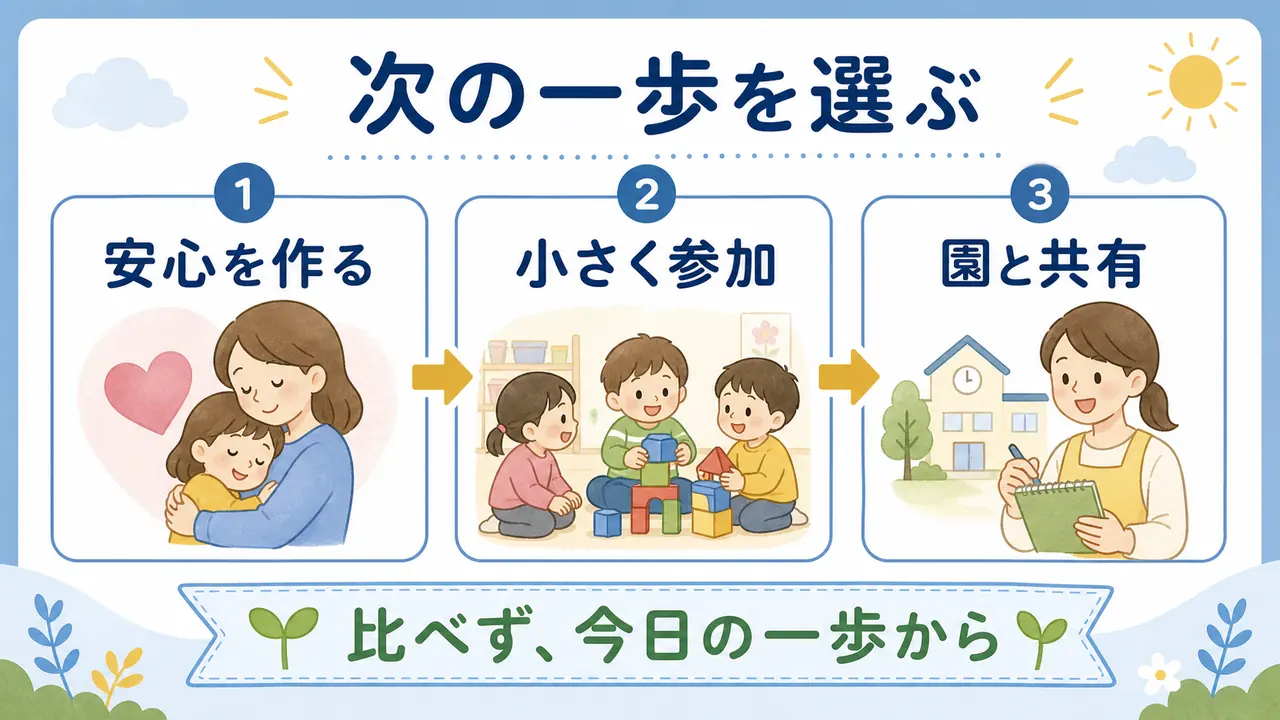安心を作る、小さく参加する、園と共有する次の一歩を選ぶまとめ画像