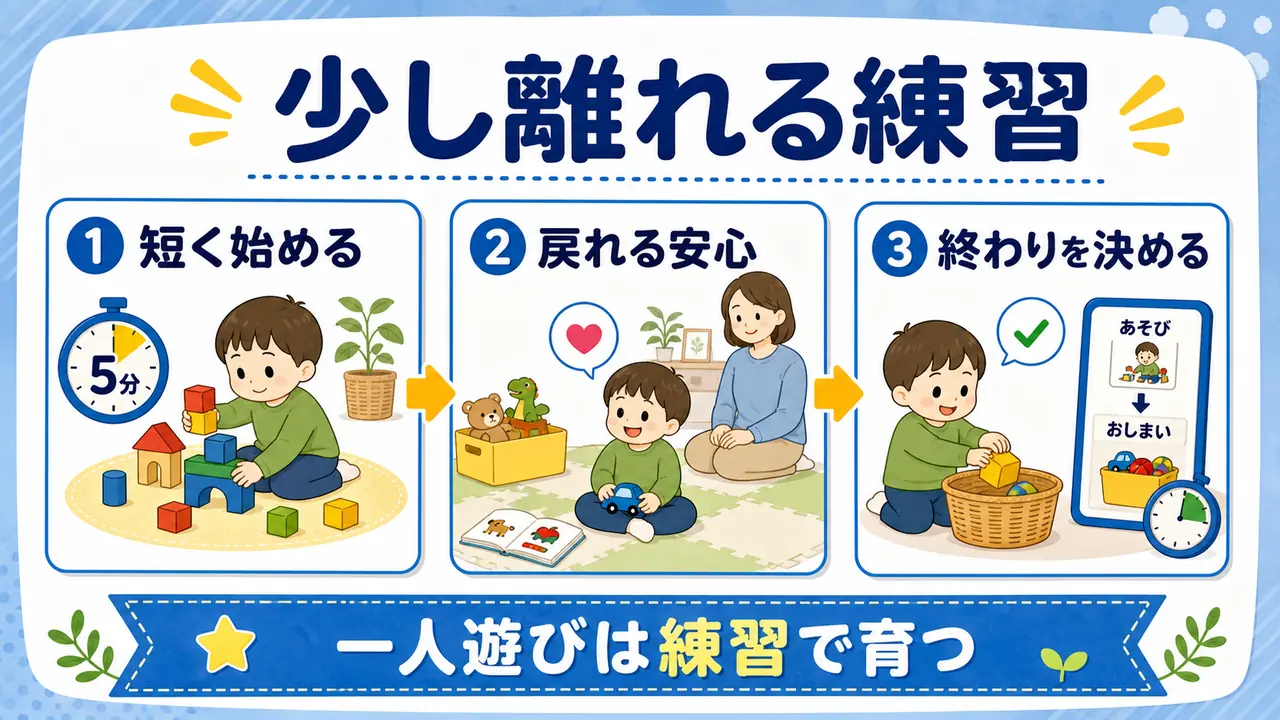 一人遊びを短く始め、戻れる安心を残し、終わりを決める流れの要約画像