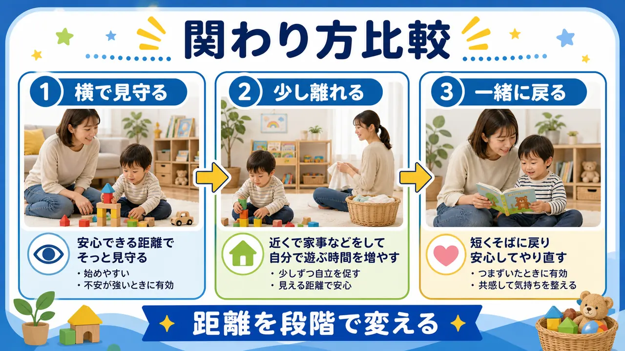 保護者が横で見守る、少し離れる、一緒に戻る関わり方を比較する要約画像