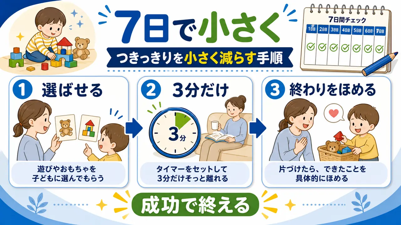 一人遊びを7日間で小さく試し、選ばせる、3分だけ離れる、成功で終える流れの要約画像