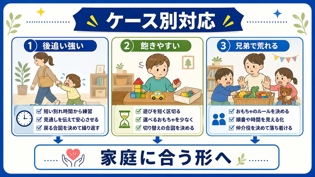 後追いが強い、飽きやすい、きょうだいで荒れる場合の支え方を示す要約画像