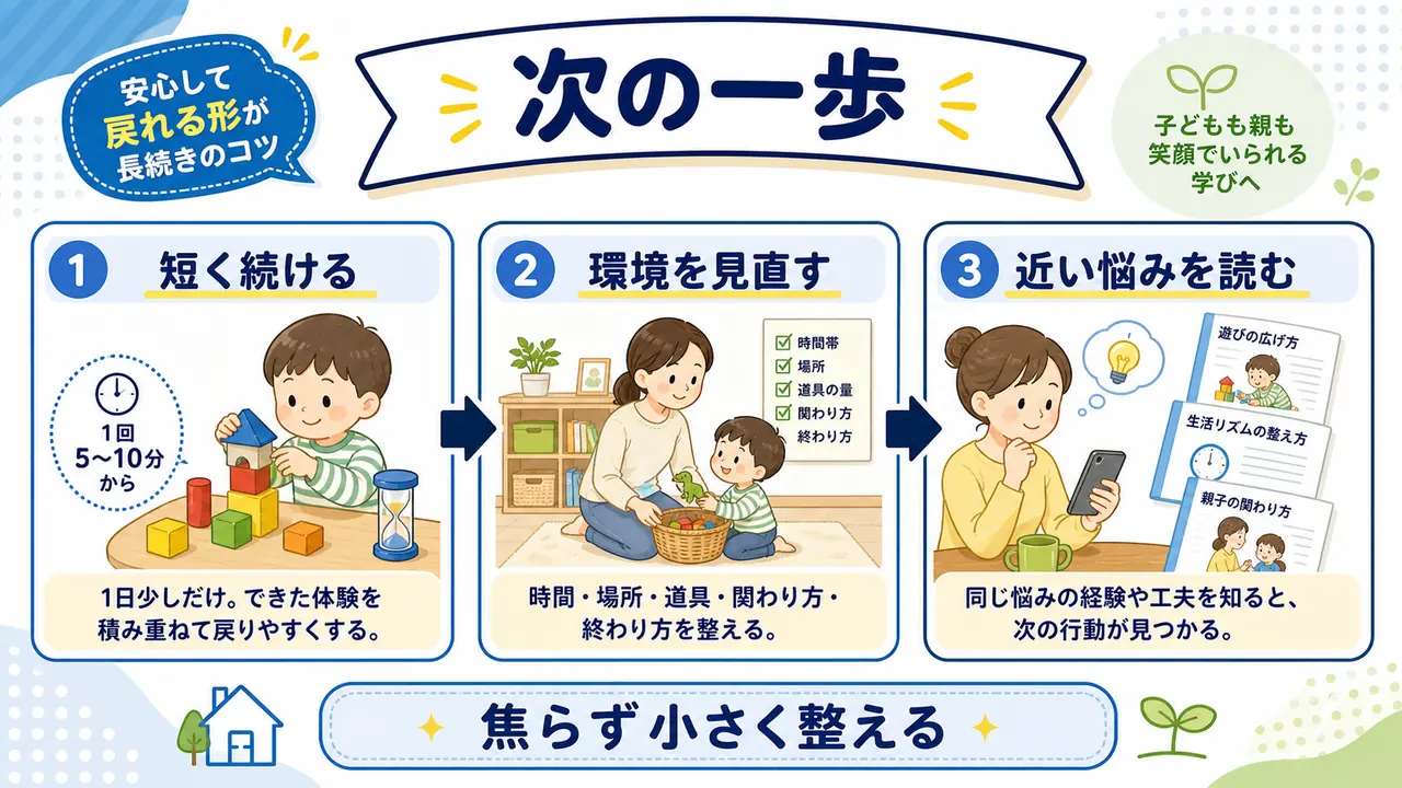 一人遊びを短く続け、環境を見直し、近い悩みを読む次の一歩を示す要約画像