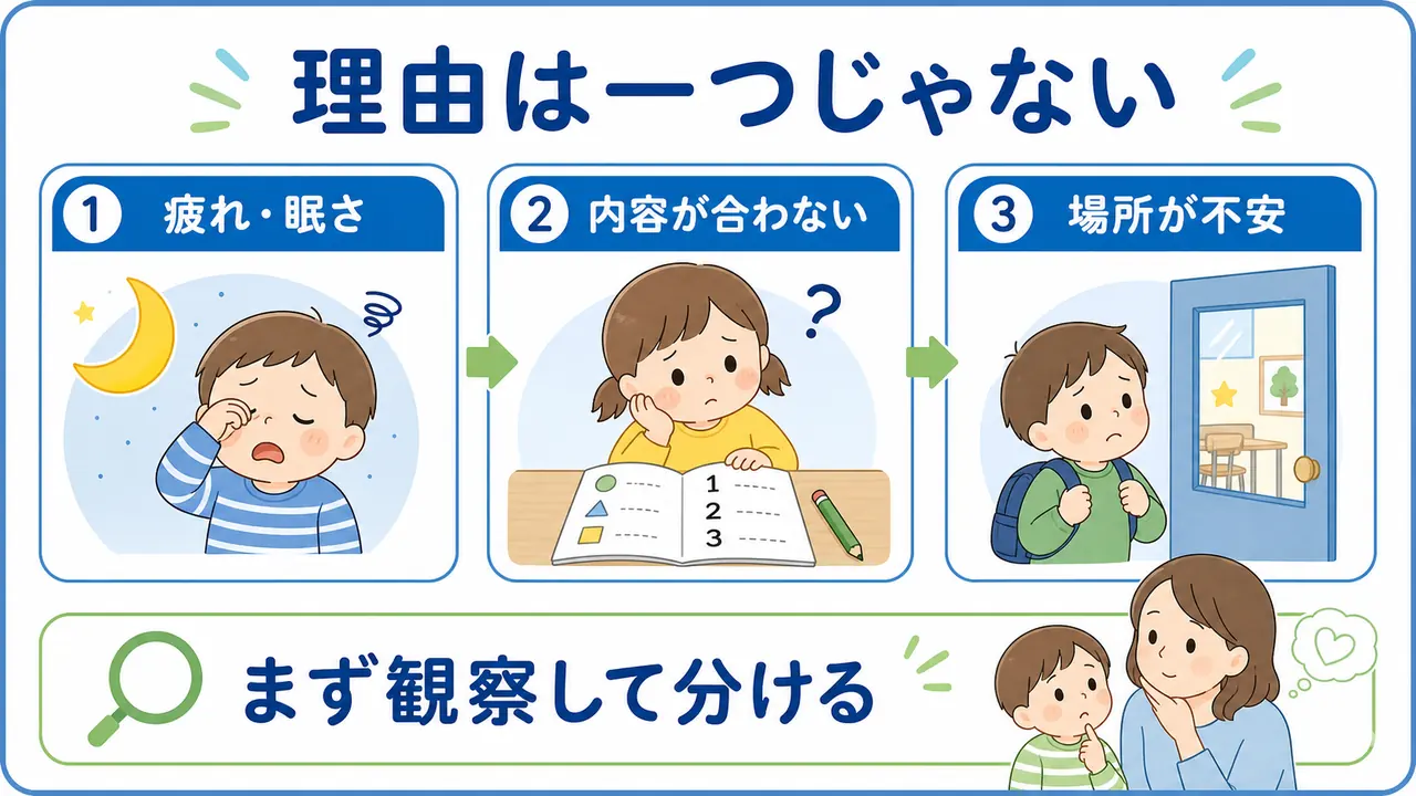 習い事を嫌がる理由を疲れ、内容の不一致、場所への不安に分けて考える図