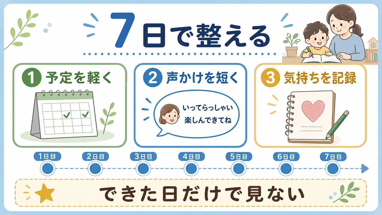 習い事の負担を7日間で整えるため、予定、声かけ、気持ちを見直す流れを示した図
